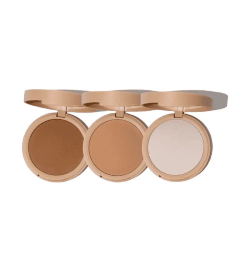 Dali Beauty Bronzer and Highlighter powders in shades Stardust, Terracotta, and Beach Bebe, featuring a silky pigmented formula for a sculpted and radiant complexion