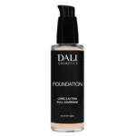 Dali Cosmetics Foundation bottle available in shades Ivory, Warm Light, Sand Beige, and Toffee, featuring a long-lasting moisturizing formula with Vitamin E and SPF actives