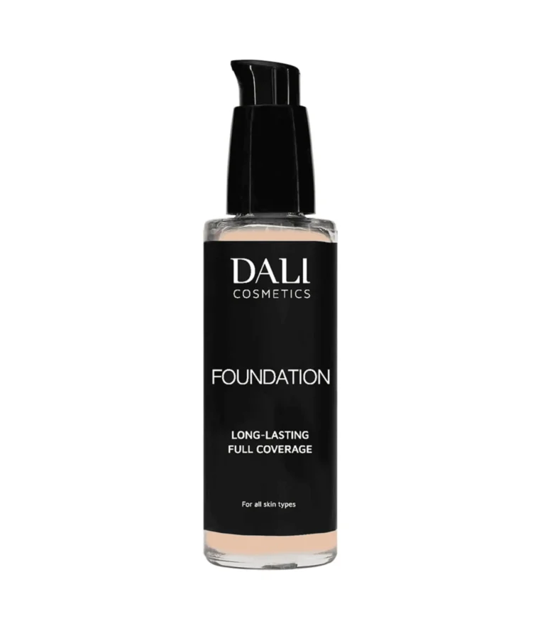 Dali Cosmetics Foundation bottle available in shades Ivory, Warm Light, Sand Beige, and Toffee, featuring a long-lasting moisturizing formula with Vitamin E and SPF actives
