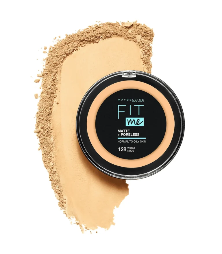 Maybelline Fit Me Matte and Poreless Powder in shade 128 Warm Nude, a mattifying compact enriched with Perlite and blurring powders for 12-hour oil control and pore minimization